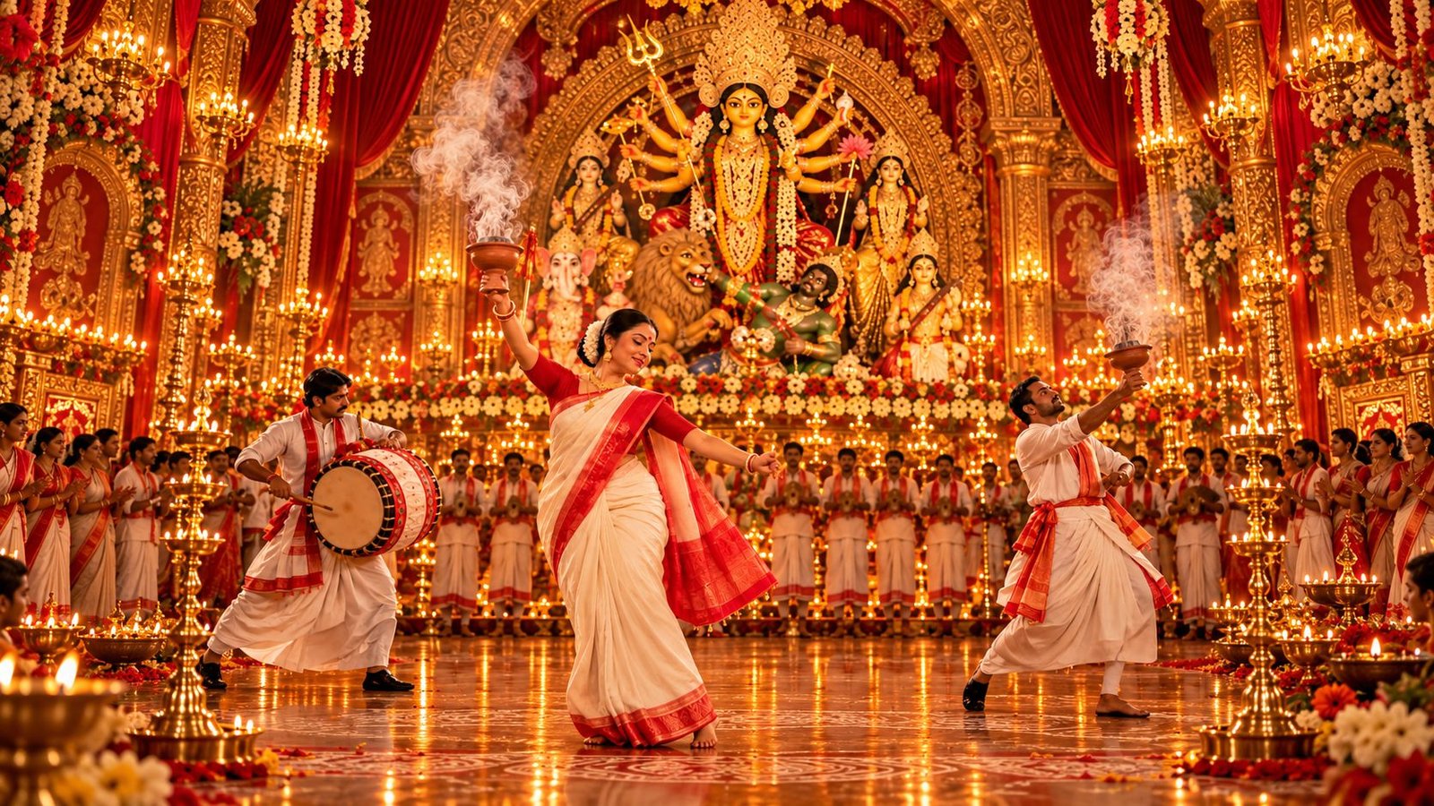 A dancer in a red-bordered saree performing dhunuchi naach