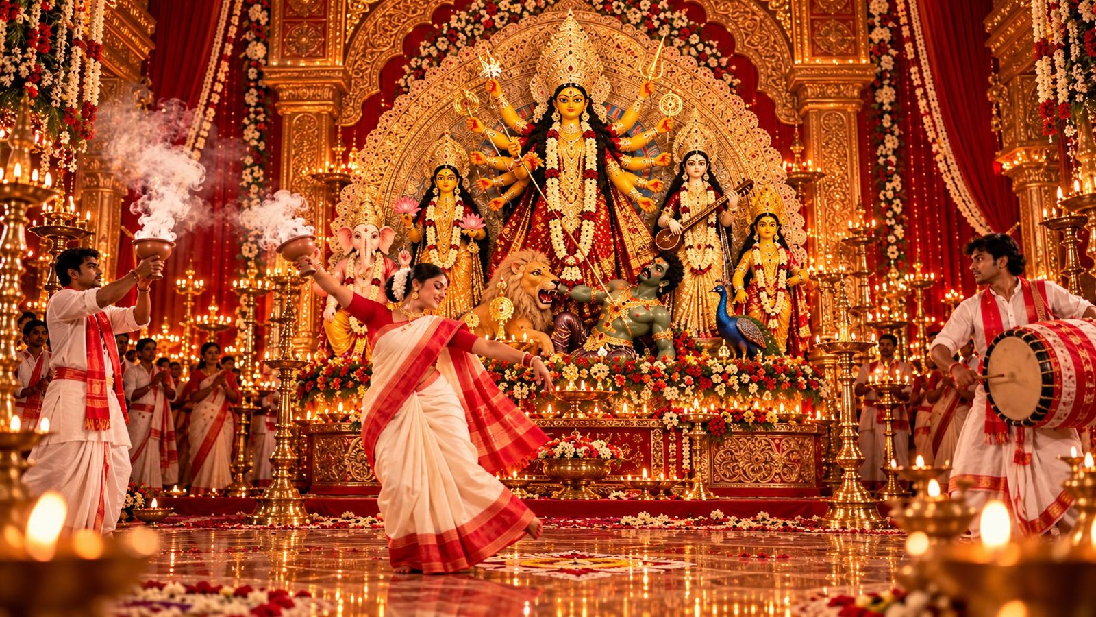 Dhak and dhunuchi naach in front of Maa Durga