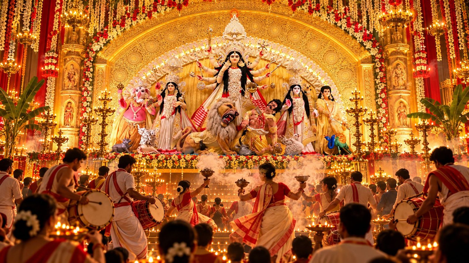 Evening aarti with dhak players and dancers before Maa Durga